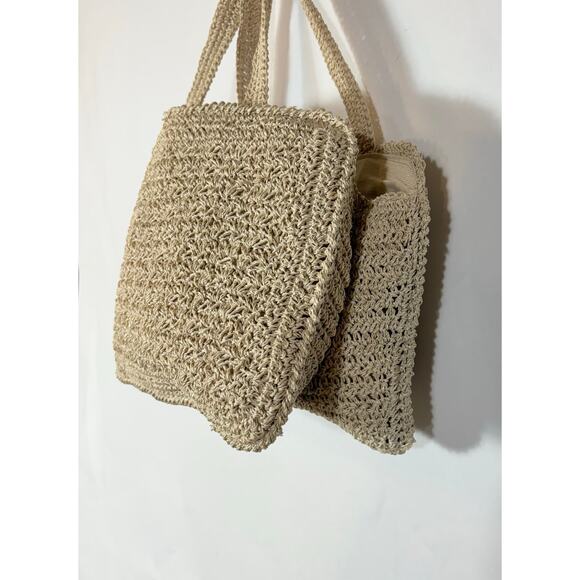 Vintage Crochet Purse Handbag Tan Retro Japan Lined Natural Handmade Two Section - Picture 9 of 11